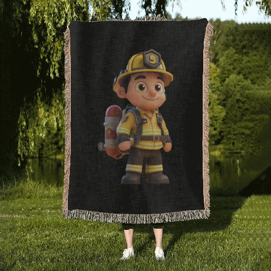 Friendly Firefighter Cartoon Character Woven Blankets