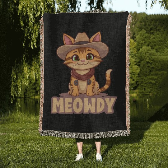 Cowboy Cat "Meowdy" Western yellow wild west cat Woven Blankets