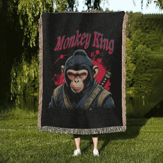 Monkey King Warrior – Bold Samurai Ape Artwork Woven Blankets