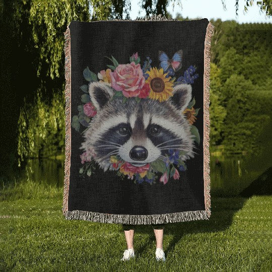 Floral Raccoon Face Raccoon Cottagecore Botanical Woven Blankets