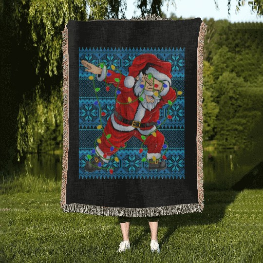 Dabbing Santa Christmas Tree Lights Woven Blankets