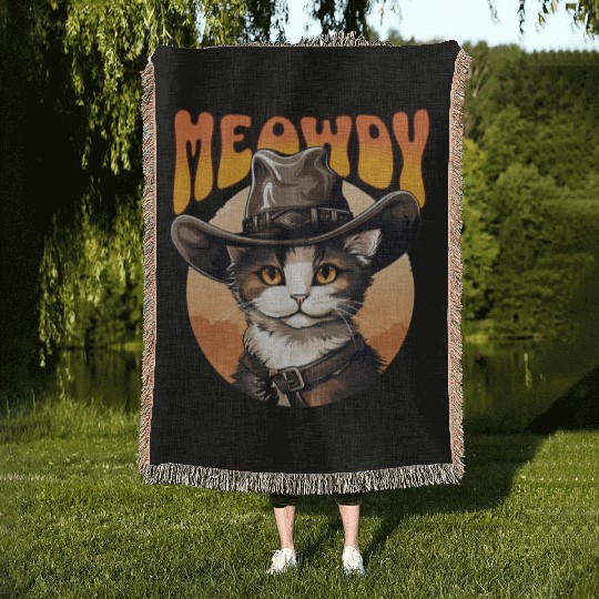 Meowdy Cowboy Cat Funny Howdy Meowdy Cowboy Cat Woven Blankets