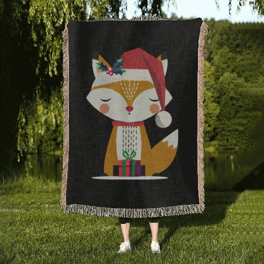 cute fox with santa hat and gift Woven Blankets