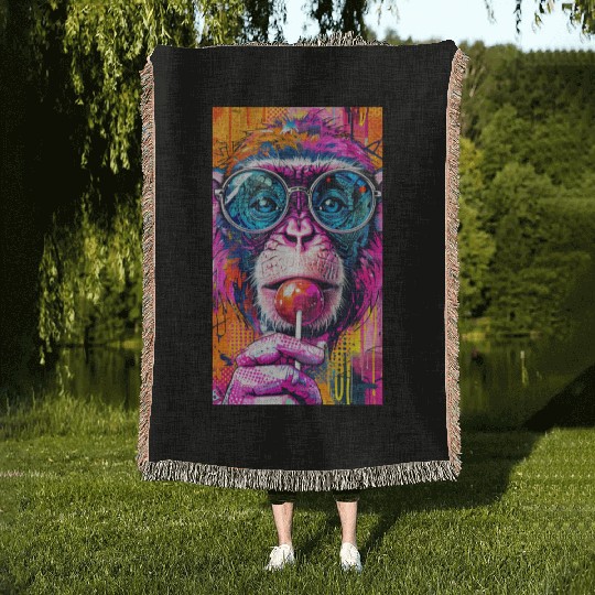 Digital Art Monkey With Lollipop Graffiti Elements Woven Blankets
