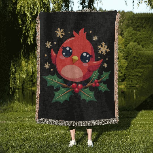 Elegant Christmas Cardinal on Holly Branch Woven Blankets