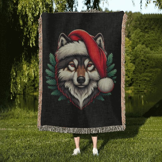 Wolf Santa Hat Xmas Wild Animal Christmas Lover Woven Blankets