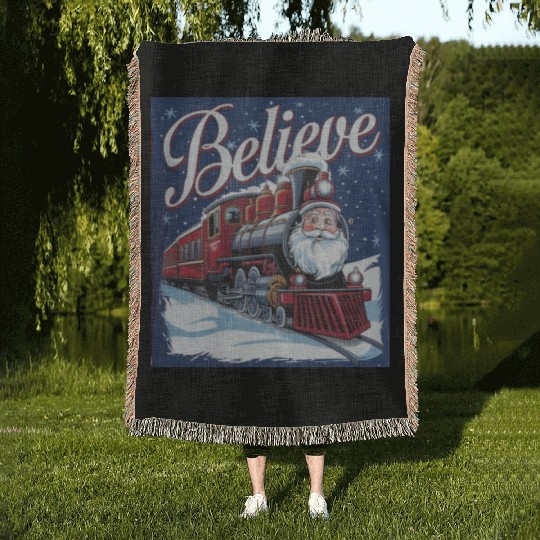 Believe Train North Pole Xmas Santa Claus Christma Woven Blankets