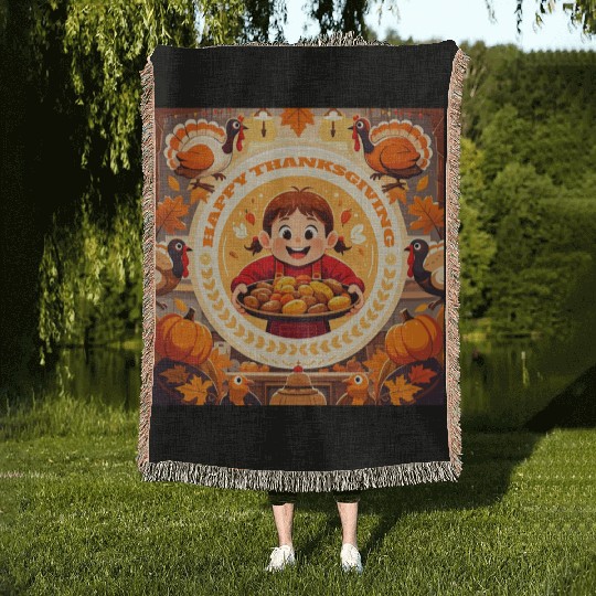 child celebrate Happy Thanksgiving Roasted Potato Woven Blankets