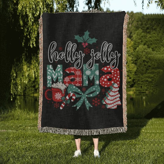 Holly Jolly Mama Coquette Bow Christmas Woven Blankets