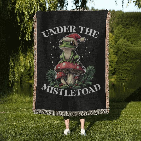 Under the Mistletoad Frog on Mushroom Cottagecore Woven Blankets