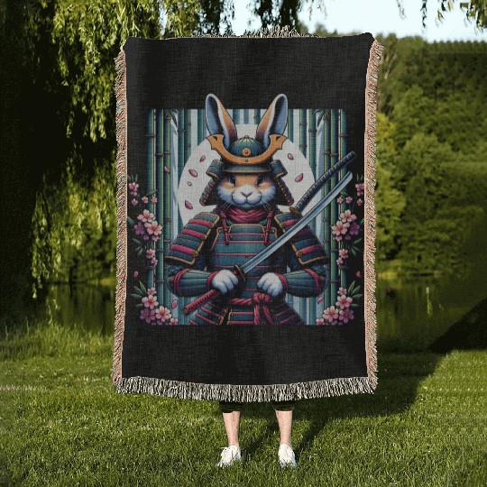 Samurai Rabbit with Katana and Cherry Blossoms Woven Blankets