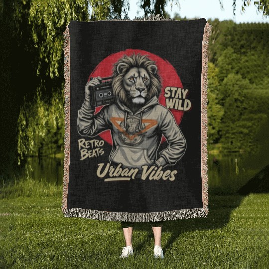 Stay Wild Urban Lion - Retro Beats Woven Blankets Graphic