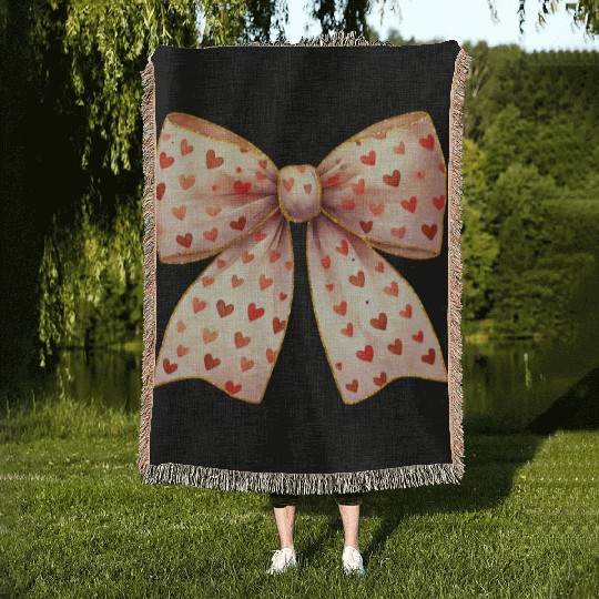 White Bow Heart, Retro Valentine Woven Blankets