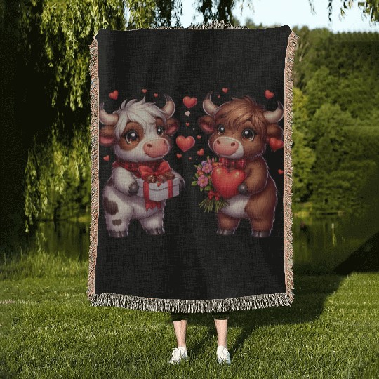 Cute cartoon valentines highland cow Woven Blankets