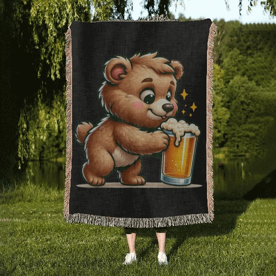 Cute Bear Drinking Beer Woven Blankets