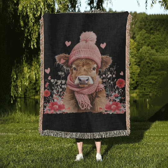 Cute Highland Cow Valentines Day Woven Blankets