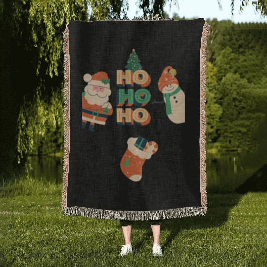 Beige Red Green Illustrative Christmas Woven Blankets