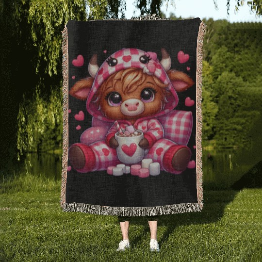 Cute cartoon valentines highland cow Woven Blankets