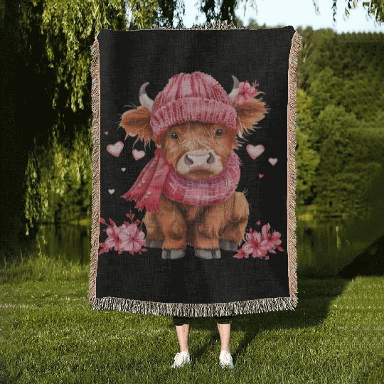 Cute Highland Cow Valentines Day Woven Blankets