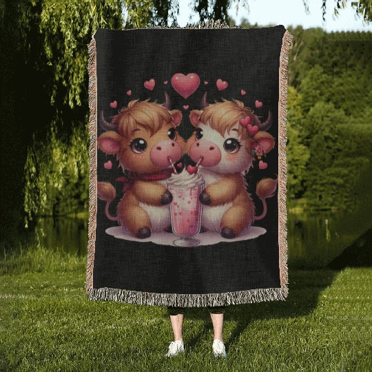 Cute Cartoon Valentines Highland Cow Woven Blankets