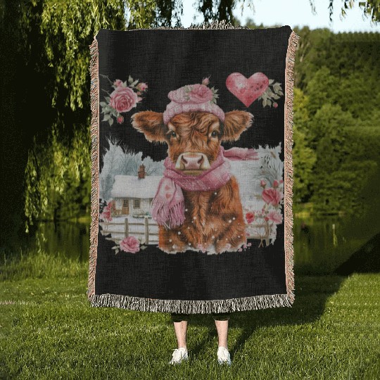 Cute Highland Cow Valentines Day Woven Blankets