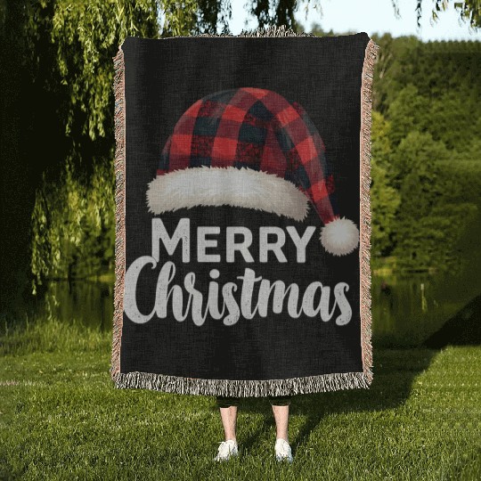 Merry Christmas Buffalo Plaid Red Santa Hat Xmas Woven Blankets