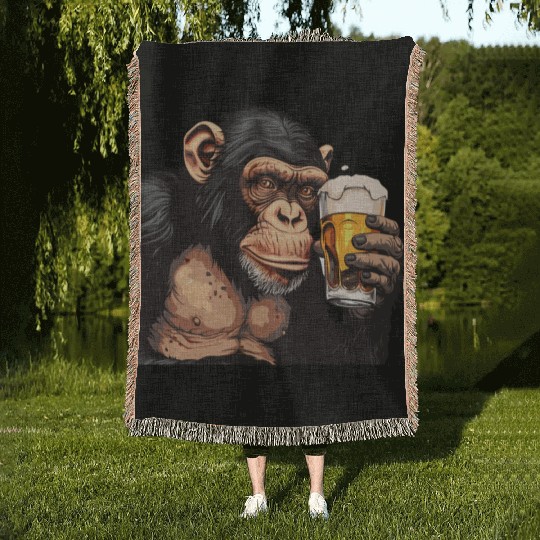 Cute Chimpanzee Drinking Beer 2 Woven Blankets