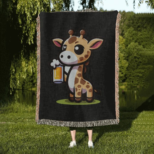 Cute Giraffe Drinking Beer Woven Blankets