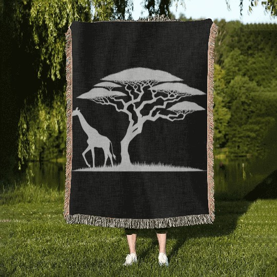Giraffe And Silhouette African Nature Woven Blankets