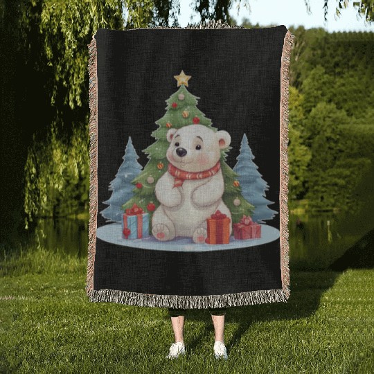 Christmas Polar Bear with Christmas Tree Woven Blankets