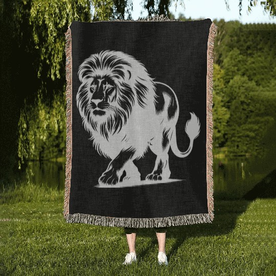 Lion With Mane Large African Cat Of Prey Woven Blankets