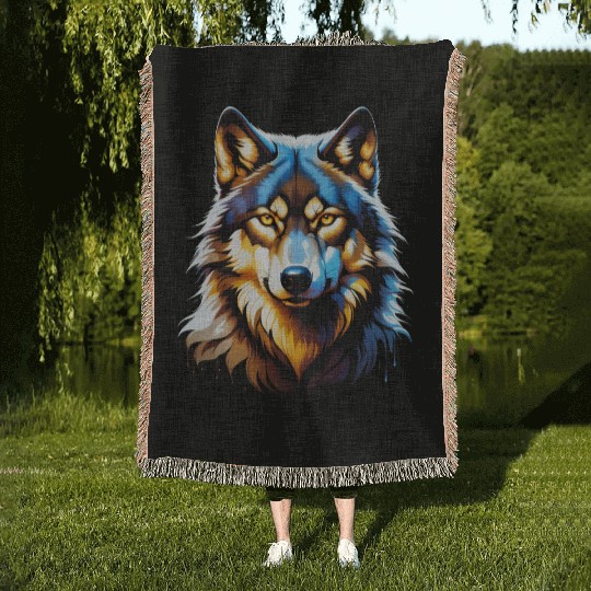 Isolated Lone Wolf Head Ink Design Woven Blankets