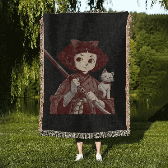 Chibi Samurai Warrior Cat Companion & Blossoms Woven Blankets