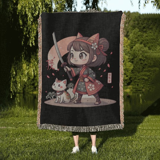 Adorable Anime Samurai Girl: Cat & Katana Design Woven Blankets