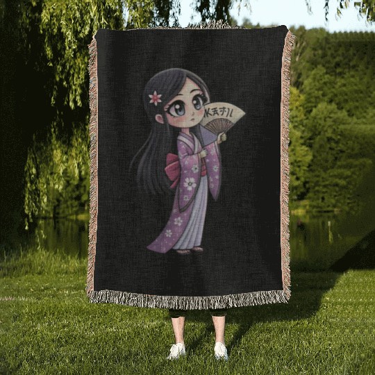 Cute Chibi Geisha Anime Inspired Kimono Design Woven Blankets