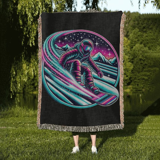 Epic Neon Snowboarding Adventure Under Starry Sky Woven Blankets