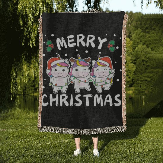 Merry Christmas Cute Unicorn Festive Lights Woven Blankets