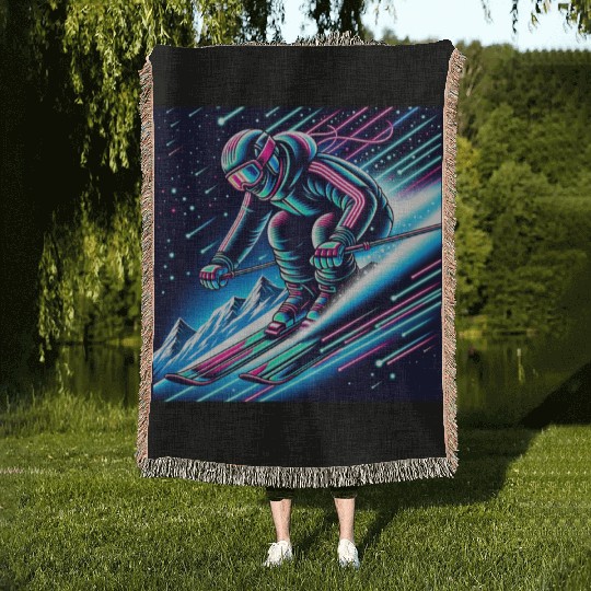 Neon Night Skiing Adventure Design Woven Blankets