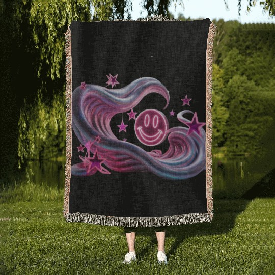 Neon Vibes Woven Blankets – Glowing Abstract Waves, Stars