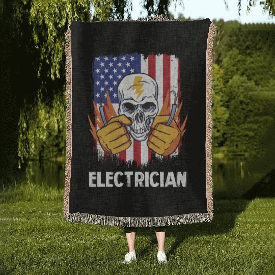 Electrician Skull with American Flag Background Woven Blankets
