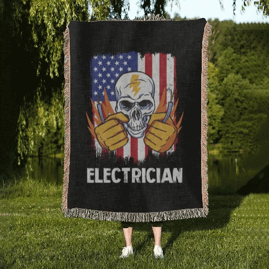 Electrician Skull with American Flag Background Woven Blankets