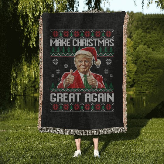 Make Christmas Great Again Xmas Funny Trump Woven Blankets