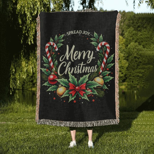 Spread Joy - Festive Merry Christmas Wreath Woven Blankets
