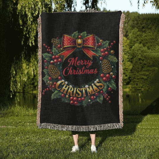 1950s Christmas Wreath - Vintage Holiday Cheer Woven Blankets