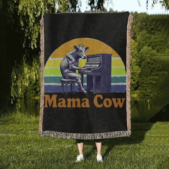 Mama Cow Playing Piano Retro Design Woven Blankets
