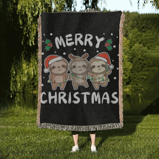 Merry Christmas Cute Sloth Festive Lights Sloth Woven Blankets