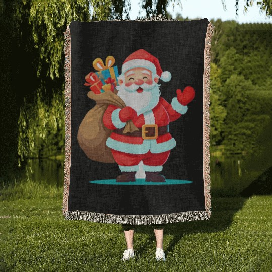 Joyful Santa with Gift Sack Design Woven Blankets