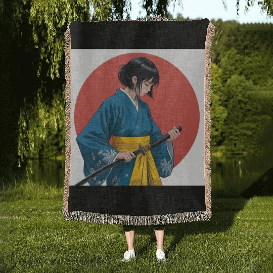 Blossom and Blade: Kimono-Clad Warrior Girl, Japan Woven Blankets