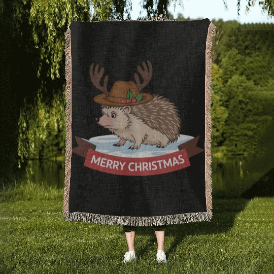 Grumpy Hedgehog Merry Christmas Deer Antler Hat Woven Blankets