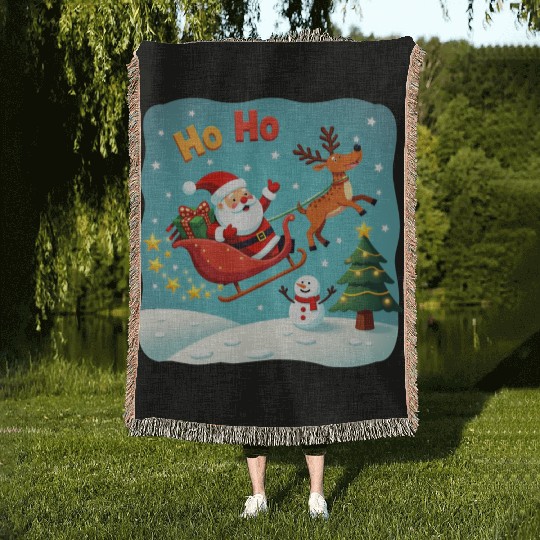 Santa Clause waving " HO-HO" Woven Blankets